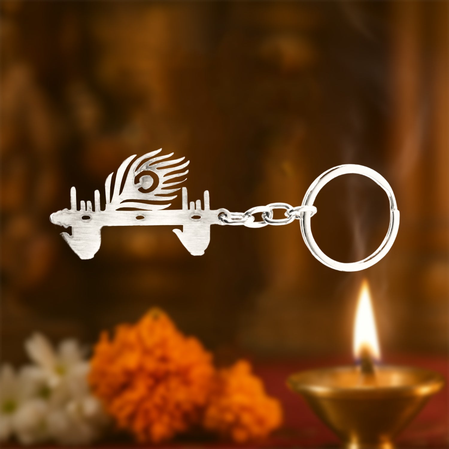 Krishna Flute & Peacock Feather Metal Keychain - (1 Pc) Krishna Flute & Peacock Feather Metal Keychain - (1 Pc)